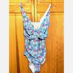 Bal Barbour Womens Swimsuit 14 One Piece‎ V Neck, Blue & White Geometric